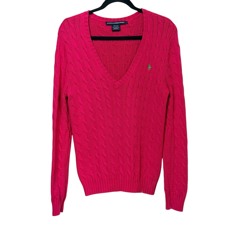 Ralph Lauren Sport Womens Hot Pink Cable Knit V-Neck Cotton Sweater Large Pony